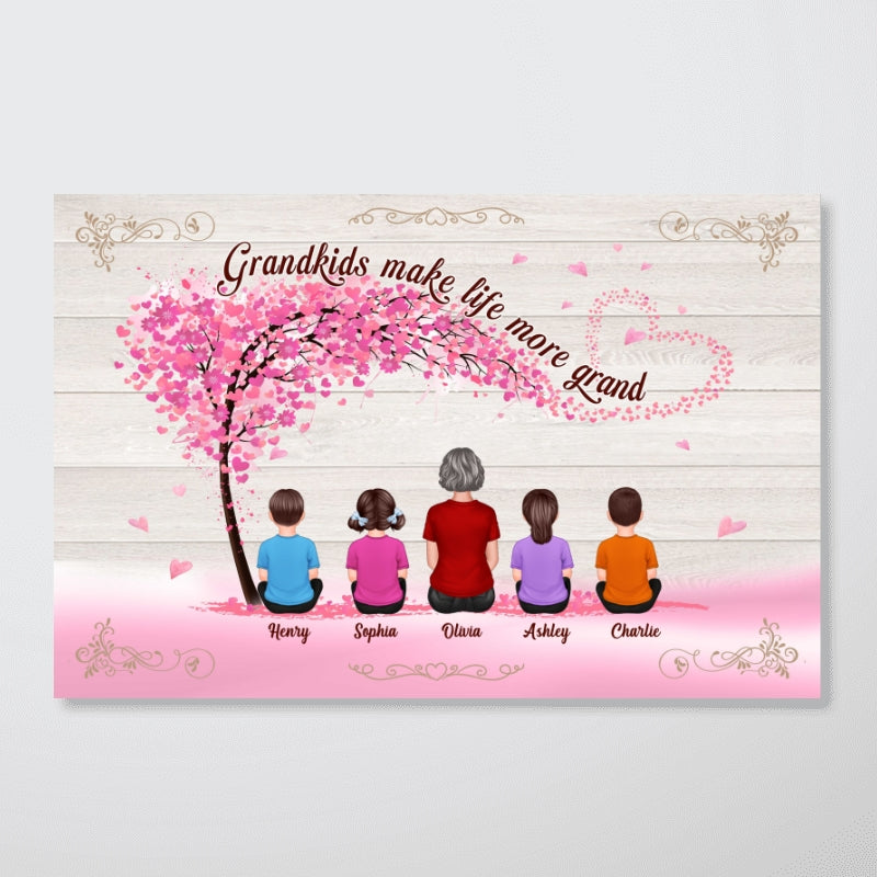 Grandma Grandkids Sitting Under Pink Tree Mother¡®s Day Gift For Grandma Personalized Horizontal Poster