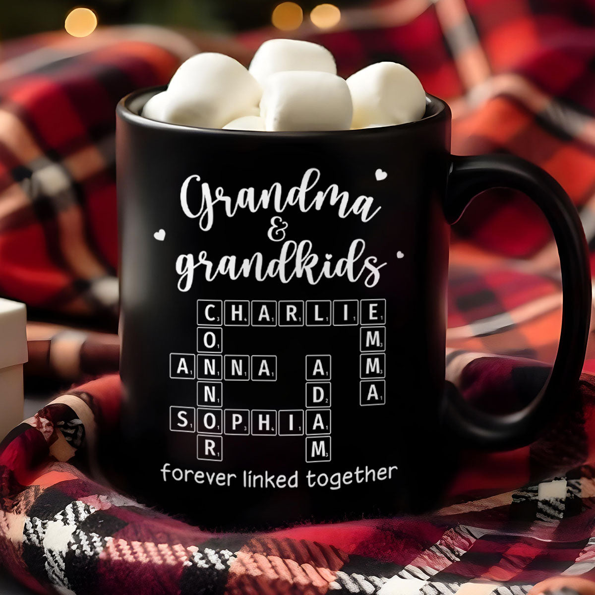 Grandma Grandpa & Grandkids Forever Linked Together Crossword Puzzle Personalized Mug