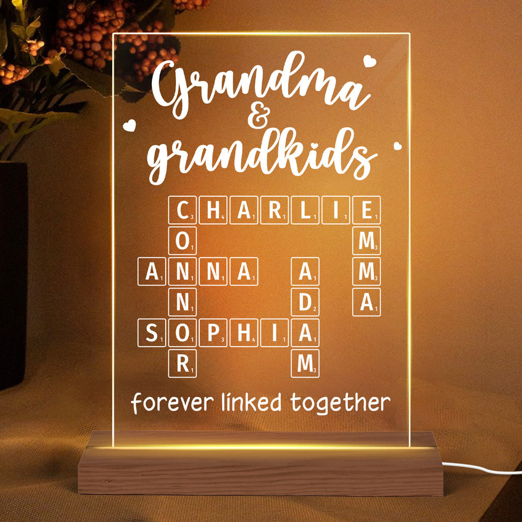 Grandma Grandpa & Grandkids Forever Linked Together Crossword Puzzle Personalized Acrylic Plaque With LED Night Light